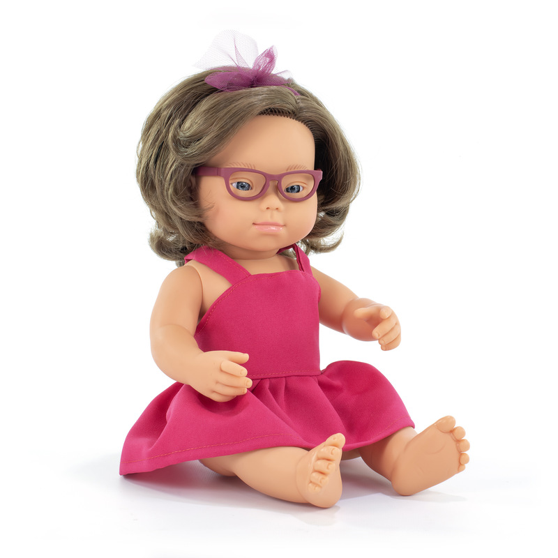 Poupée 38 cm syndrome down - robe rose et lunettes MINILAND face
