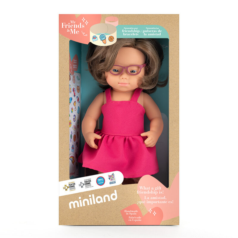 Poupée 38 cm syndrome down - robe rose et lunettes MINILAND packaging