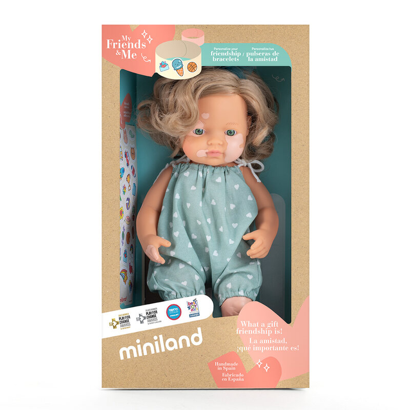 Poupée 38 cm vitiligo - barboteuse verte à coeurs MINILAND packaging