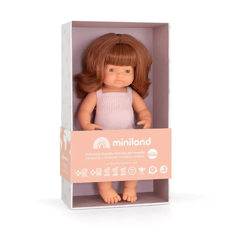 Poupée 38 cm Colourful Caucasienne Rousse - barboteuse rose Miniland boite