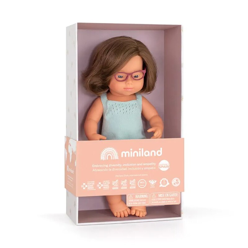 Poupée 38cm Colourful Caucasienne Syndrome Down lunettes Miniland boite