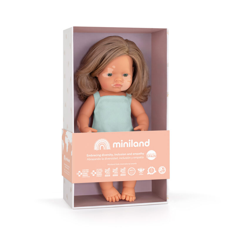Poupée 38 cm Colourful caucasienne avec vitiligo - barboteuse turquoise Miniland package