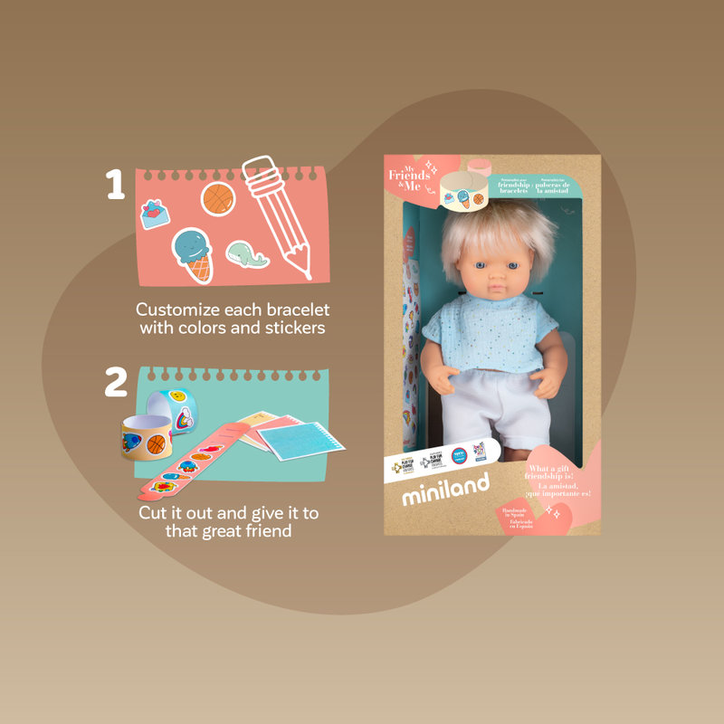 Poupée blonde caucasienne 38cm My Friends & Me Miniland packaging et instructions