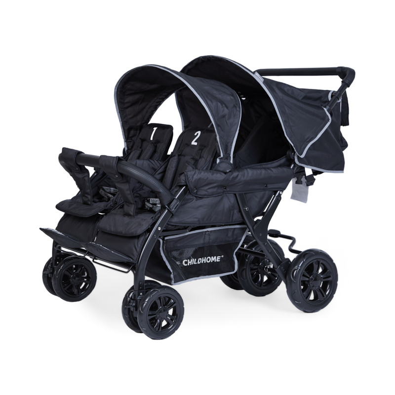 Poussette Multiplaces Quadruple 4 Enfants Noir CHILDHOME cote cache soleil