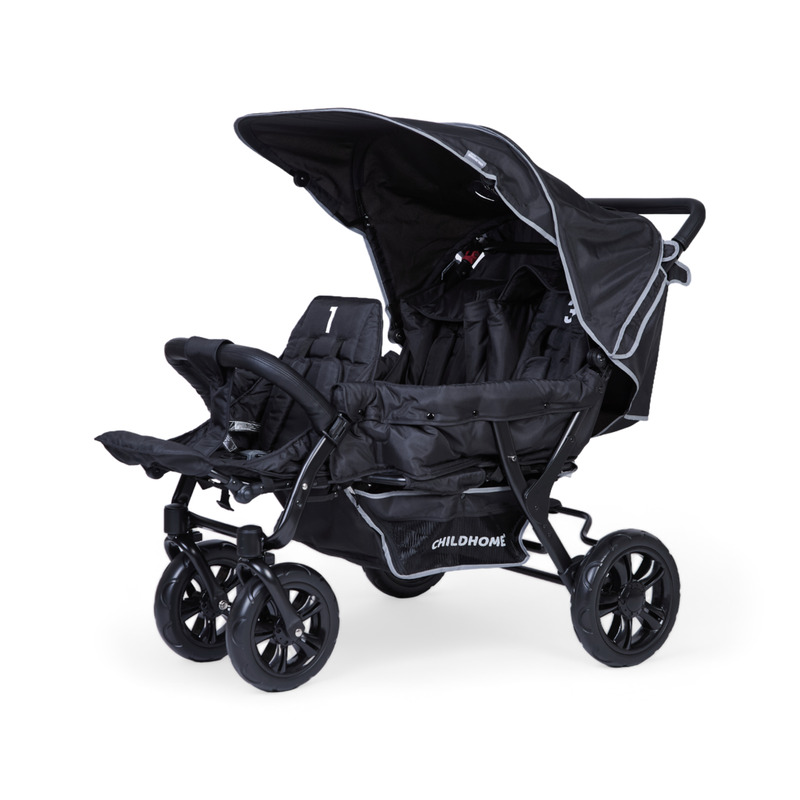Poussette Multiplaces Triplet 3 enfants Noir CHILDHOME cote avec cache soleil