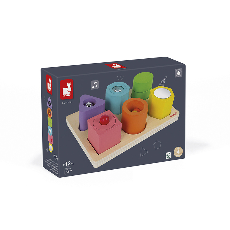 Puzzle 6 cubes sensoriels I wood bois Janod boite