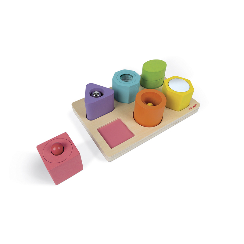 Puzzle 6 cubes sensoriels I wood bois Janod dessus