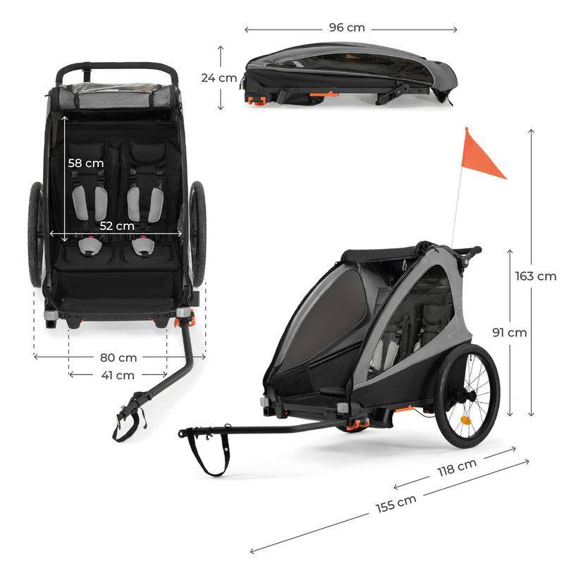 Remorque Vélo Enfant 2en1 Nava Walk Gris KINDERKRAFT dimensions