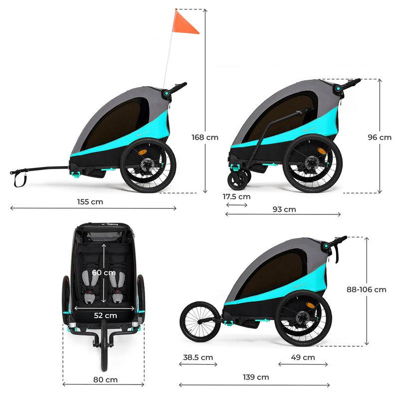 Remorque Vélo Enfant 3en1 Nava Bleu KINDERKRAFT dimensions