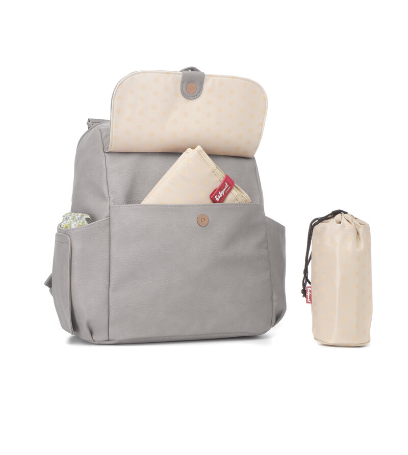 Sac à dos à langer Robyn en cuir vegan Pale Grey Babymel sac poche devant ouvert