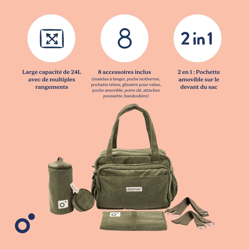 Sac à langer Fluffy Corduroy Kaki Babymoov caractéristiques