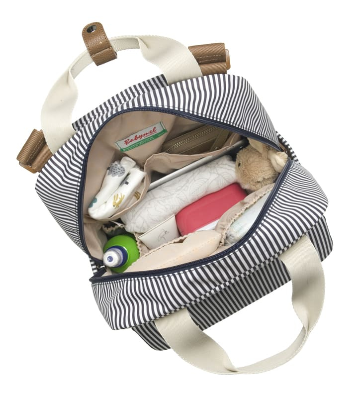 Sac à dos à langer Georgi Eco Rayures Blanc et Marine Babymel Ouvert