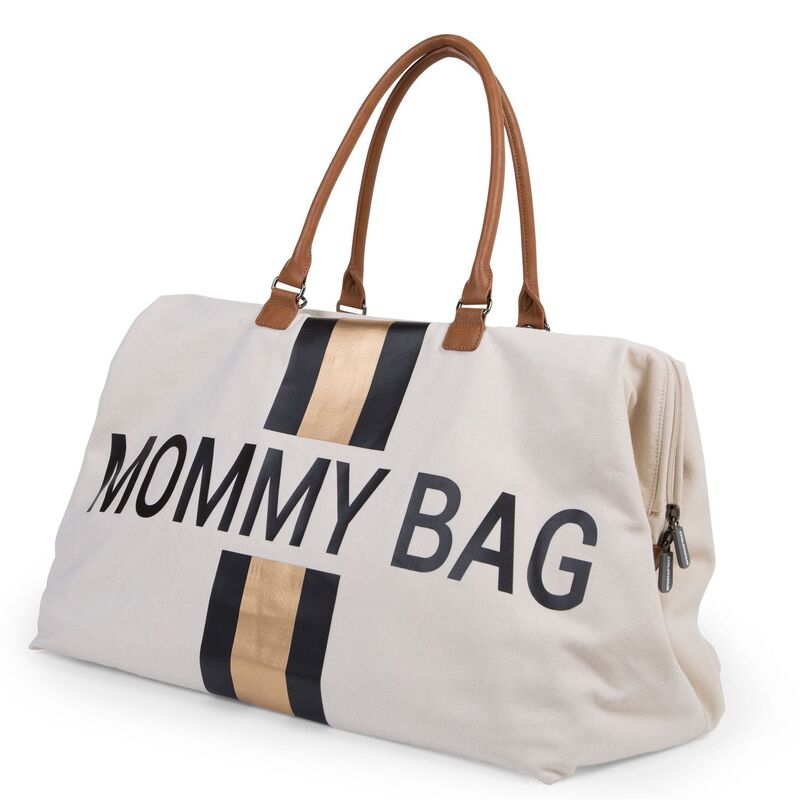 Sac à langer Mommy Bag Écru Rayures Noir/Or Childhome Gauche
