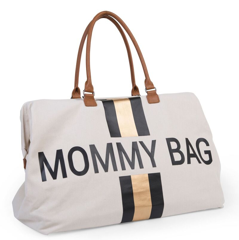 Sac à langer Mommy Bag Écru Rayures Noir/Or Childhome Droite