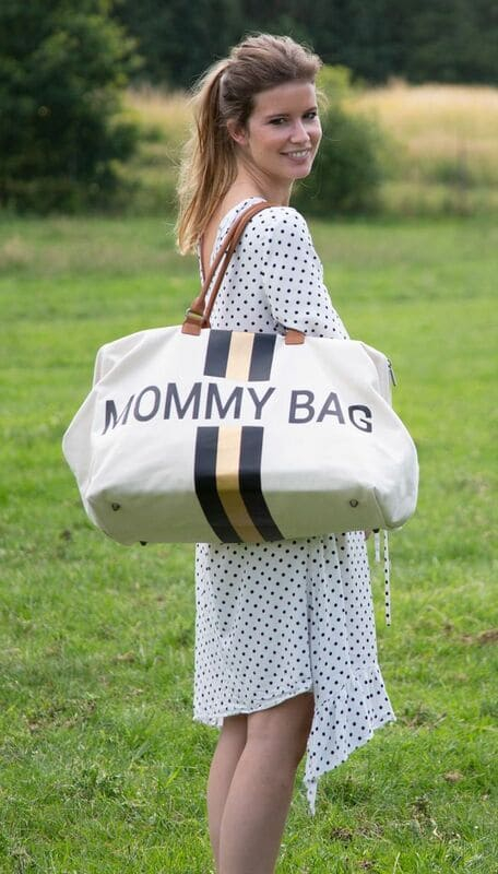 Sac à langer Mommy Bag Écru Rayures Noir/Or Childhome Sortie