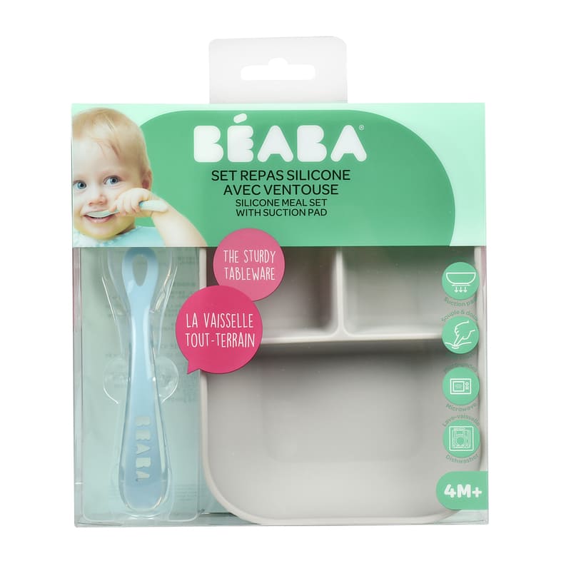 Set repas silicone assiette compartimentée et cuillère Béaba Packaging