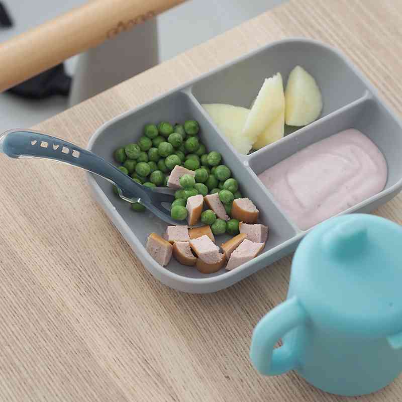 BEABA Set Repas Silicone Assiette Compartimentée et Cuillère - Bleu