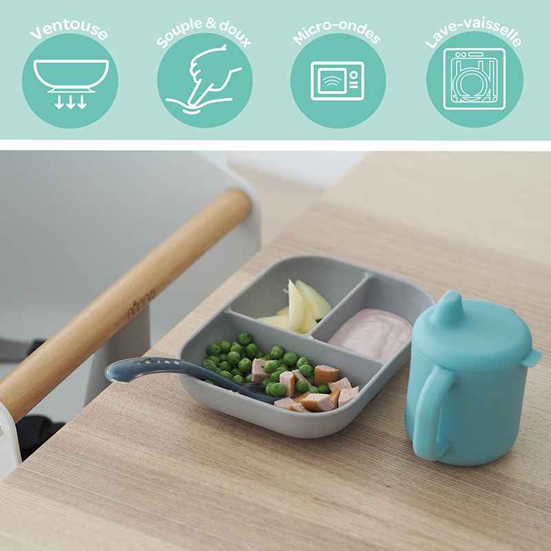 Set repas silicone assiette compartimentée cuillère et tasse Béaba Fonctions