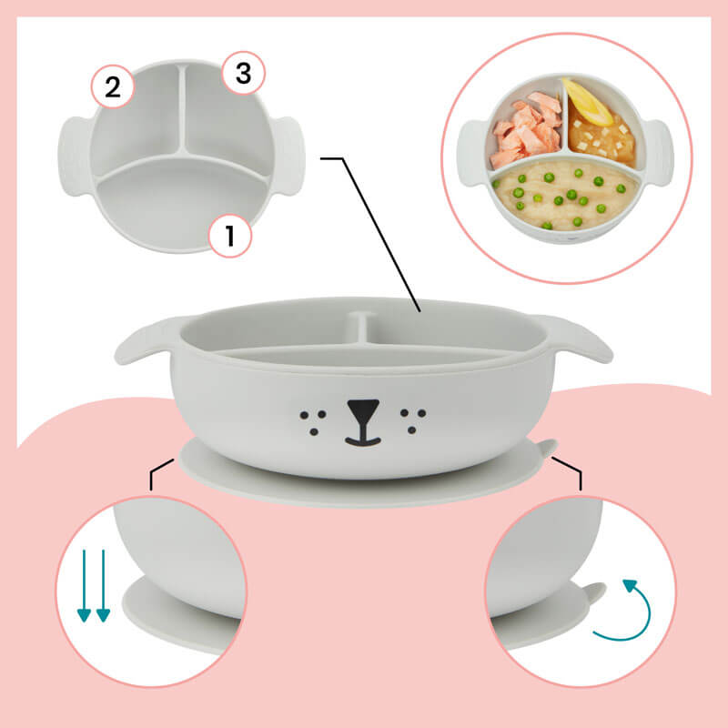 Set repas silicone Learn Isy bol, tasse, cuillère et bavoir Chien Babymoov assiette