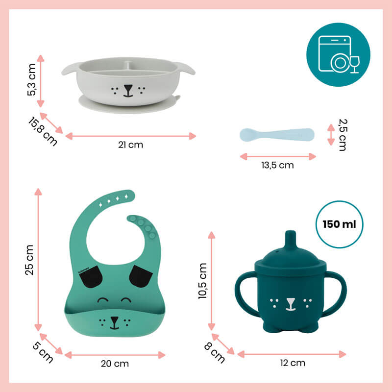 Set repas silicone Learn Isy bol, tasse, cuillère et bavoir Chien Babymoov dimensions