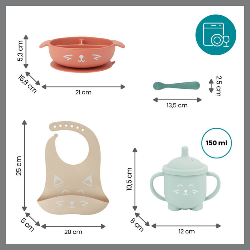 Set repas silicone Learn Isy bol, tasse, cuillère et bavoir Renard Babymoov dimensions