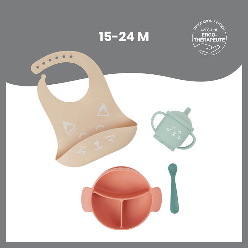 Set repas silicone Learn Isy bol, tasse, cuillère et bavoir Renard Babymoov focus