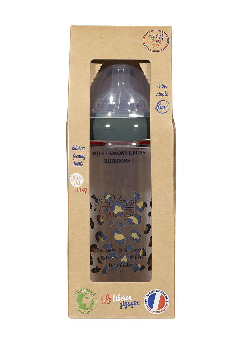 Biberon 360ml 6m+ motif Léopard Le Biberon Français package face