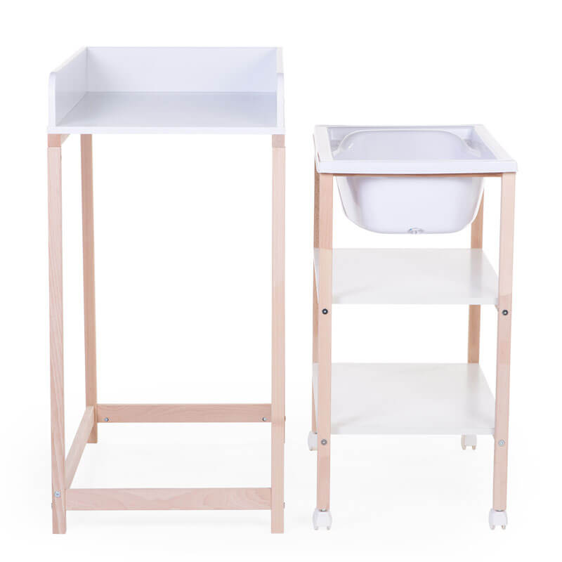 Table langer avec baignoire roues Blanc Naturel Childhome - Bambinou