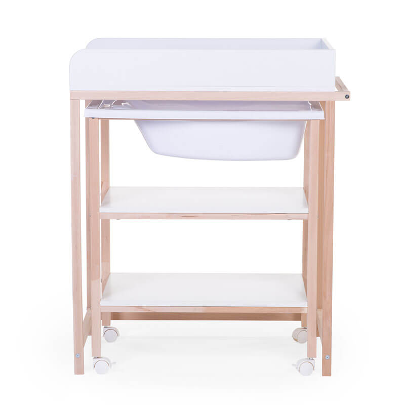 Table à langer avec baignoire et roues Blanc Naturel Childhome rangée